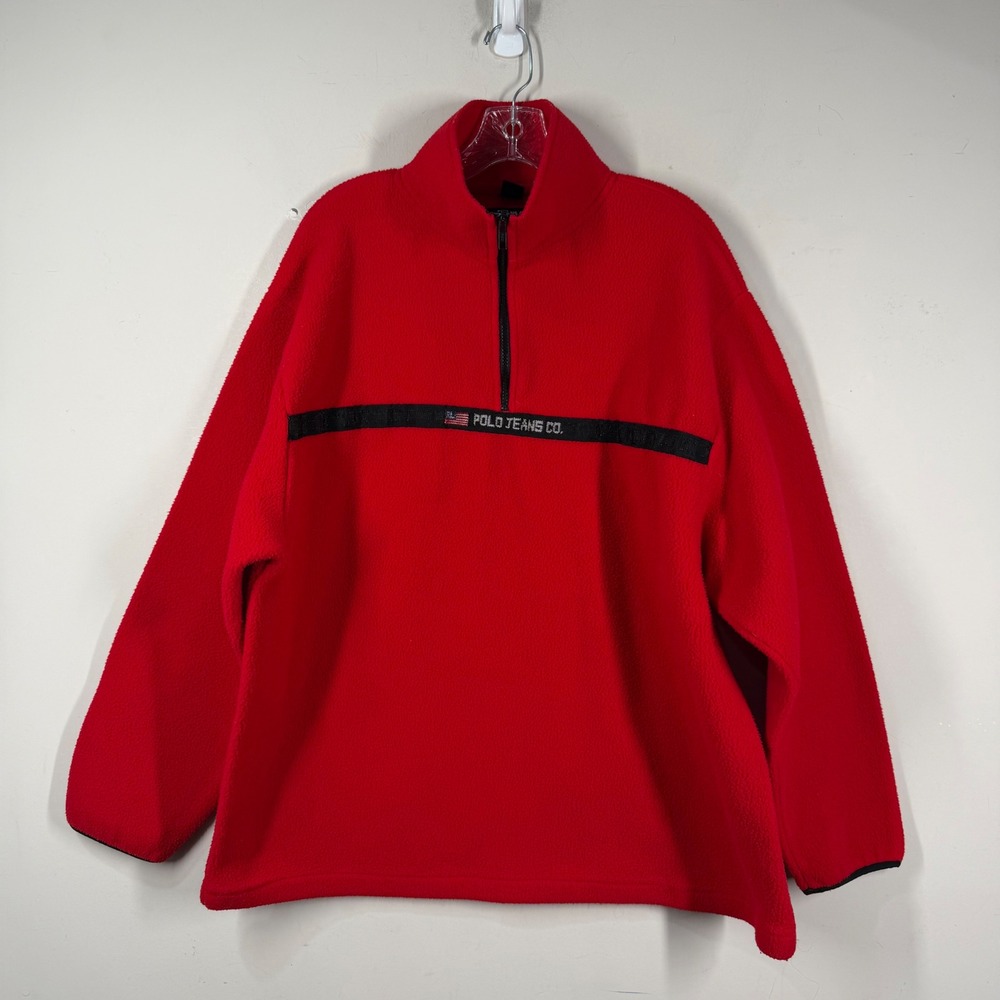 Vintage Polo Jeans Co Ralph Lauren Red Fleece 1/4 Zip Pullover Mens Sz L Y2K
